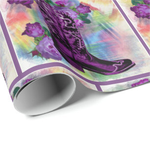 Papier Cadeau Boot Cowboy violet avec Rose sur aquarelle
