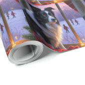 Papier Cadeau Border Collie With Christmas Lights Holiday (Coin rond)