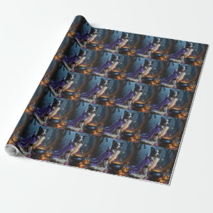 Papier Cadeau Bordure Collie Chien Whimsical Halloween Peinture