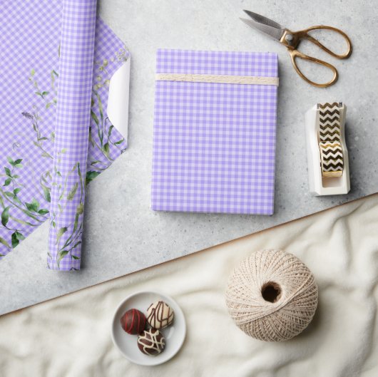 Papier Cadeau Bordure de fleurs sauvages sur gingham violet (Artisanat)