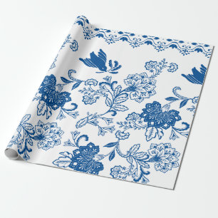 Papier Cadeau Bordure d'oiseau floral bleu