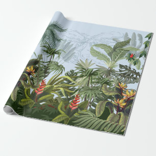 Papier Cadeau Bordure transparente avec jungle et fleurs. Vin