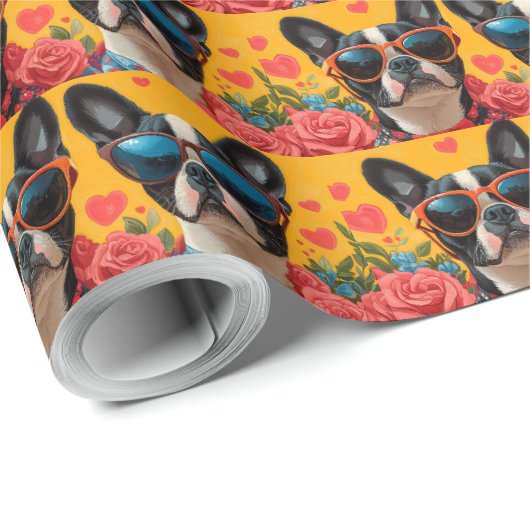 Papier Cadeau Boston Terrier avec coeur Roses Saint-Valentin (Coin rond)