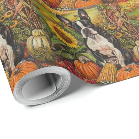 Papier Cadeau Boston Terrier Chien Automne Moisson Thanksgiving (Coin rond)