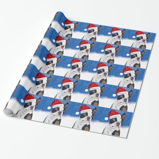 Papier Cadeau Boston Terrier Chien dans neige Noël Joyeux vacanc (Déroulé)