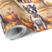 Papier Cadeau Boston Terrier En Automne Quitte L'Art Thanksgivin (Coin rond)