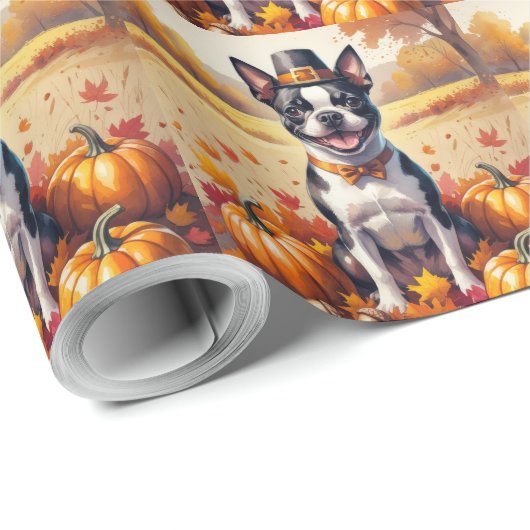 Papier Cadeau Boston Terrier En Automne Quitte L'Art Thanksgivin (Coin rond)