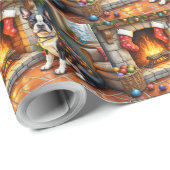 Papier Cadeau Boston Terrier Fireplace with Christmas Lights (Coin rond)
