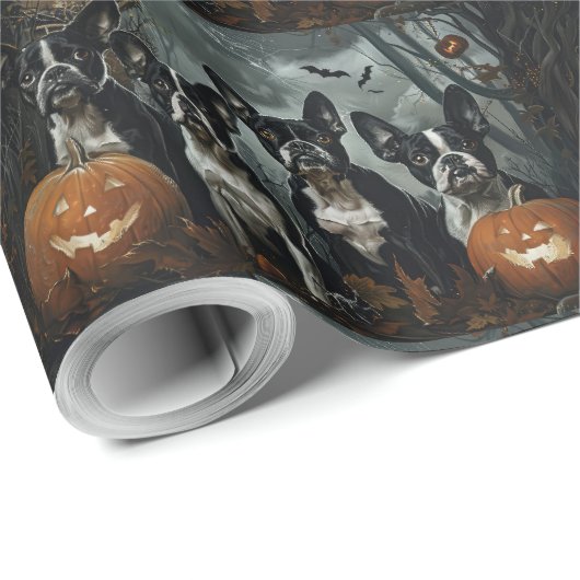 Papier Cadeau Boston Terrier Halloween nuit chien délice (Coin rond)