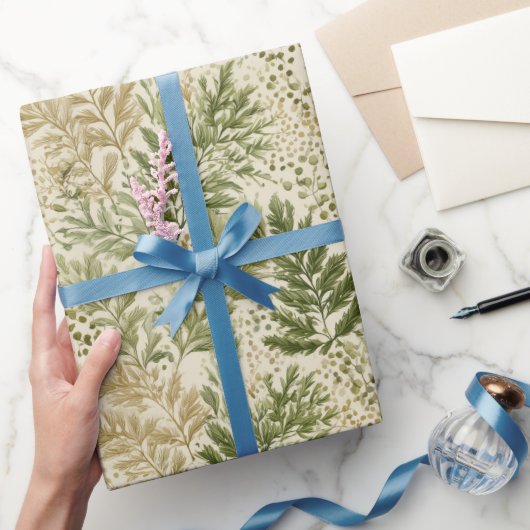 Papier Cadeau Botanical Green Fern Beige Floral Pattern (Cadeaux)