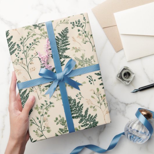 Papier Cadeau Botanical Green Fern Beige Floral Pattern (Cadeaux)