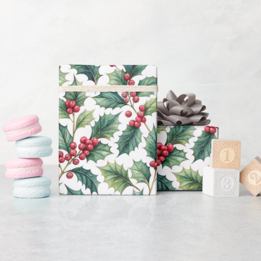 Papier Cadeau Botanical Greenery Holly and Cherries Holiday  (Baby Shower)