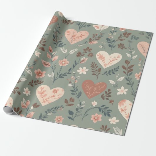 Papier Cadeau Botanical Hearts Romantic Floral Seamless Pattern  (Déroulé)