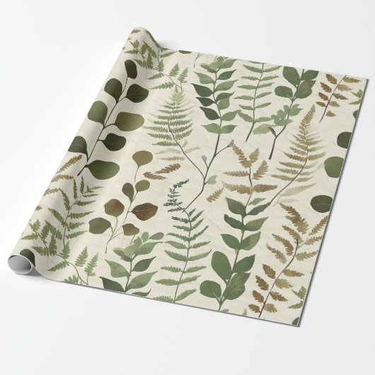 Papier Cadeau Botanical Pressed Leaves Pattern – Fern Print (Déroulé)