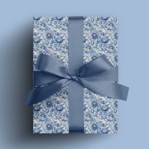 Papier Cadeau Botanique Bleu Floral Chinoiserie Fleur Motif