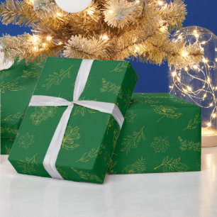 Papier Cadeau Botanique dorée moderne vert foncé