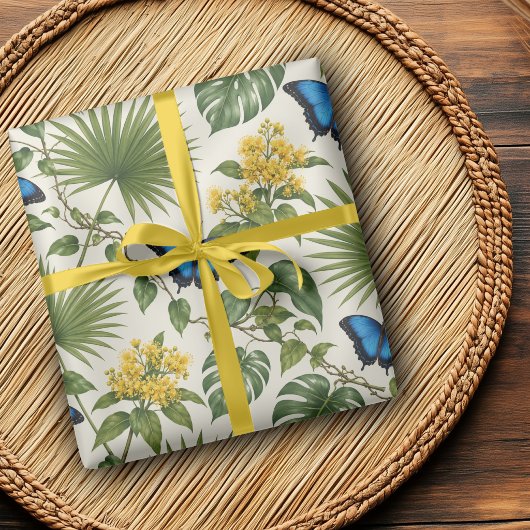 Papier cadeau botanique élégant papillon bleu