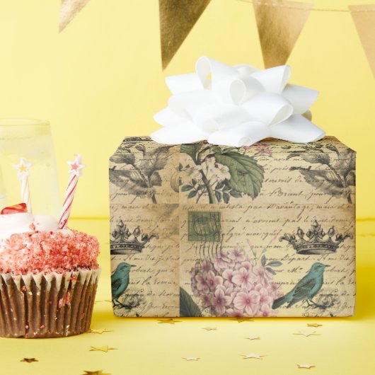 Papier Cadeau botanique français d'oiseau d'hortensia de (Fête d'anniversaire)