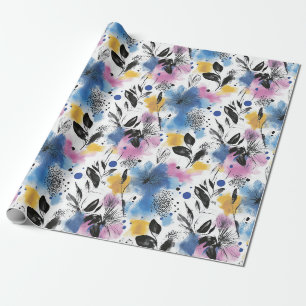 Papier Cadeau Botanique Moderne en Magenta Bleu & Moutarde