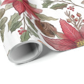 Papier Cadeau Botanique Poinsettia Noël rustique (Coin rond)