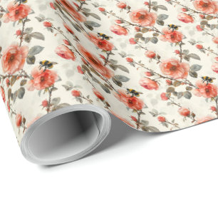 Papier cadeau botanique Rose Floral avec Bumble Be