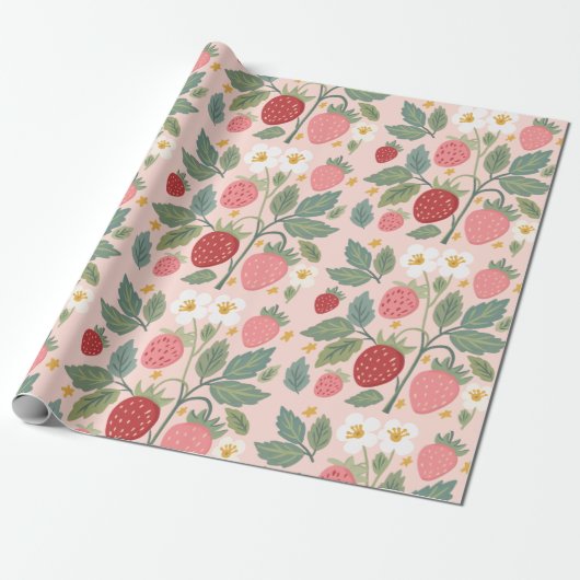 Papier Cadeau Botanique rose fraise (Déroulé)