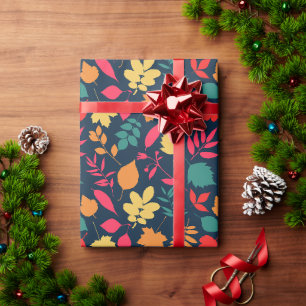 Papier Cadeau Botanique rose orange jaune bleu automne feuille