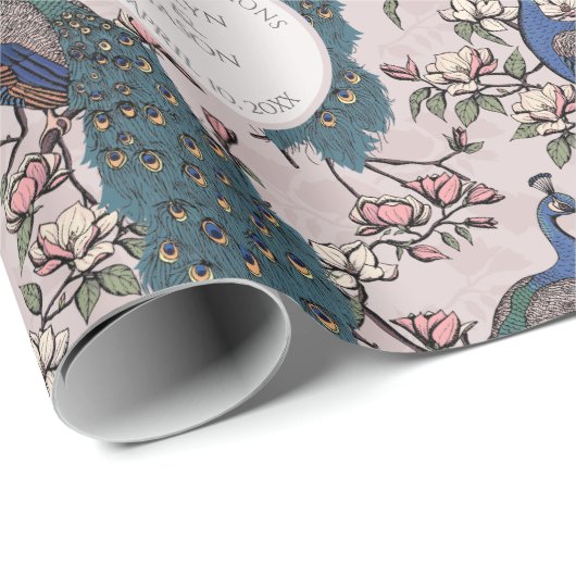 Papier Cadeau Botanique rose pâle Mariage Peacock & Fleurs (Coin rond)