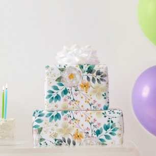 Papier Cadeau Botanique rose turquoise blanc orangé