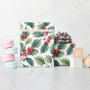 Papier Cadeau Botanique Verdure Holly et Cerises Fêtes 