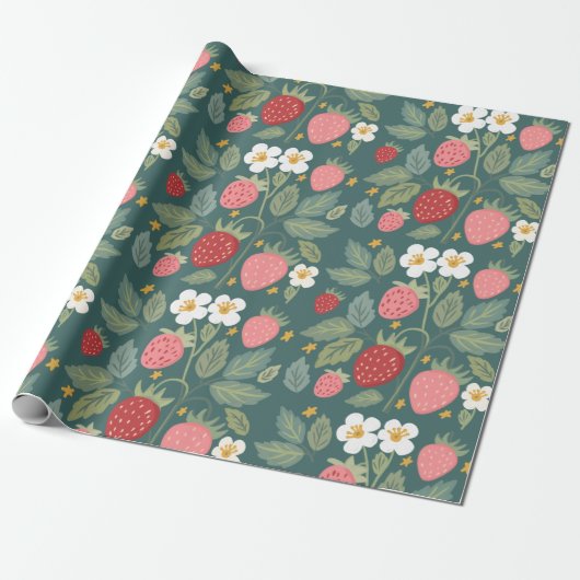 Papier Cadeau Botanique verte fraise (Déroulé)