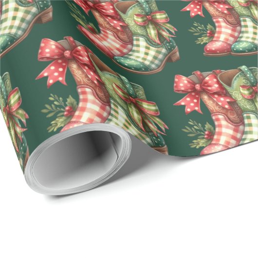 Papier Cadeau Botte de cow-boy à plaid rouge vert Noël occidenta (Coin rond)