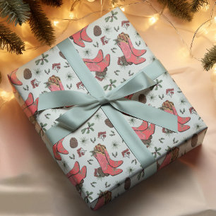 Papier Cadeau Botte de cow-boy Western Blue Xmas, Baies Pinecone