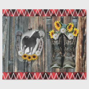 Papier Cadeau Bottes de cowboy cheval fer à cheval tournesols ma