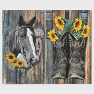 Papier Cadeau Bottes de cowboy Rustique Western Horse Tournesols