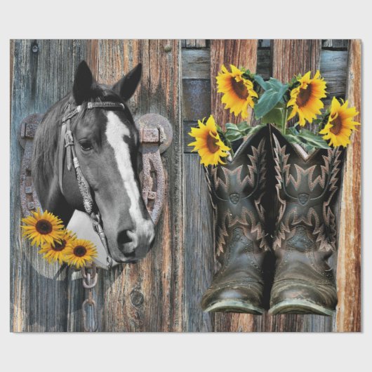 Papier Cadeau Bottes de cowboy Rustique Western Horse Tournesols (Plat)