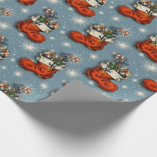 Papier Cadeau Bottes en Père Noël de Noël bleu rétro (Coin)