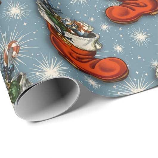 Papier Cadeau Bottes en Père Noël de Noël bleu rétro (Coin rond)