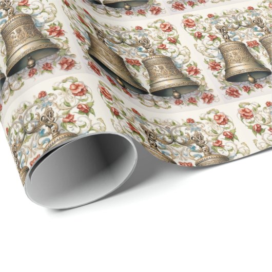 Papier Cadeau Bouche de Noël Or Luxuriante, Floral Rouge (Coin rond)