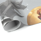 Papier Cadeau boucliers dorés superhero, éclairs argentés (Coin rond)