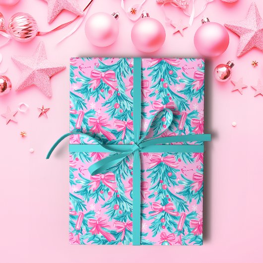 Papier Cadeau Boughs et ornements de Noël rose et menthe