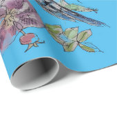 Papier Cadeau Bougie bleue Fleurs d'art Roses Aquarelle (Coin rond)