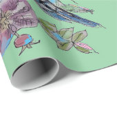 Papier Cadeau Bougie bleue Fleurs d'art Roses Aquarelle (Coin rond)