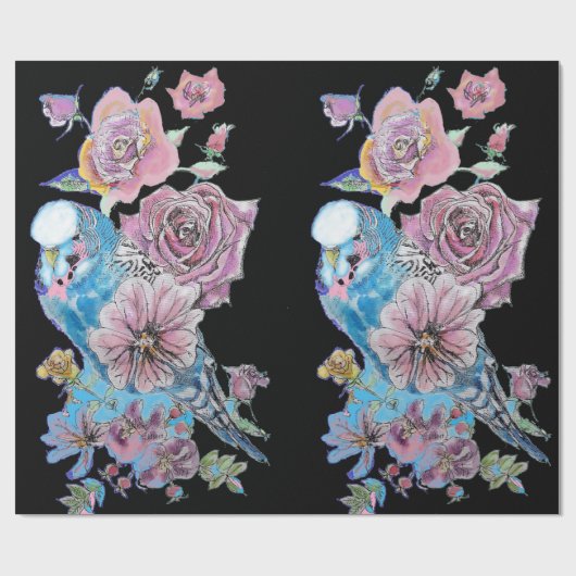 Papier Cadeau Bougie bleue Fleurs d'art Roses Aquarelle (Plat)