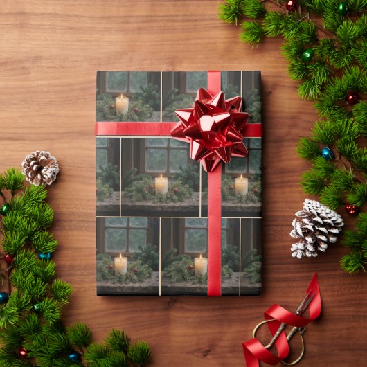 Papier Cadeau Bougie De Noël Dans La Fenêtre Ferme (Cadeau de vacances)