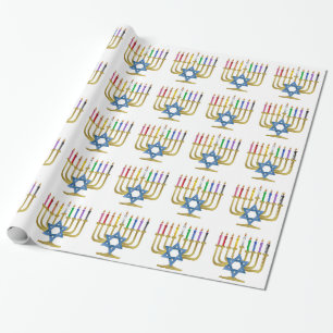 Papier Cadeau Bougies arc-en-ciel de Hanukkah Menorah en or