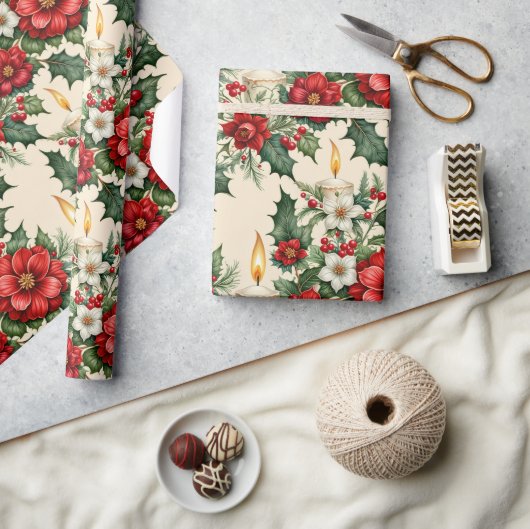 Papier Cadeau Bougies de Noël en fleurs (Artisanat)