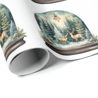 Papier Cadeau Boule à neige aquarelle Renne Forêt d'hiver