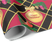 Papier Cadeau Boule de Noël, oiseau, cônes de pin sur Noir & Rou (Coin rond)