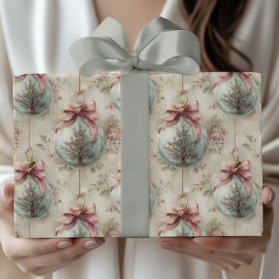Papier Cadeau Boule de Noël victorienne vintage avec nœud rose